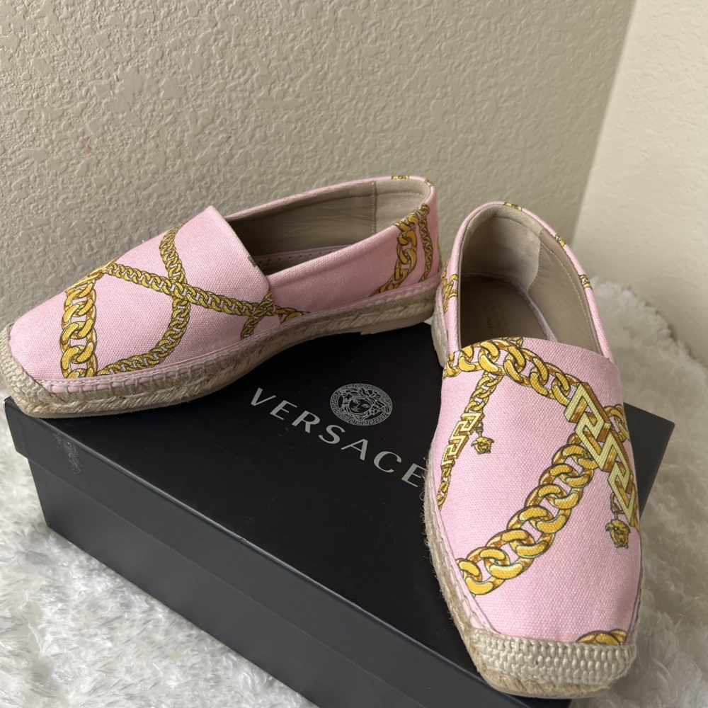 Versace Pink & Gold Chain Print Espadrilles - Picture 6 of 8